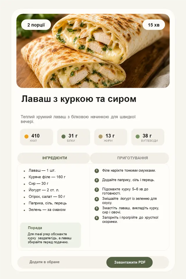 Картка рецепта Лаваш з куркою та сиром