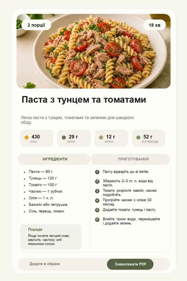 Картка рецепта Паста з тунцем та томатами